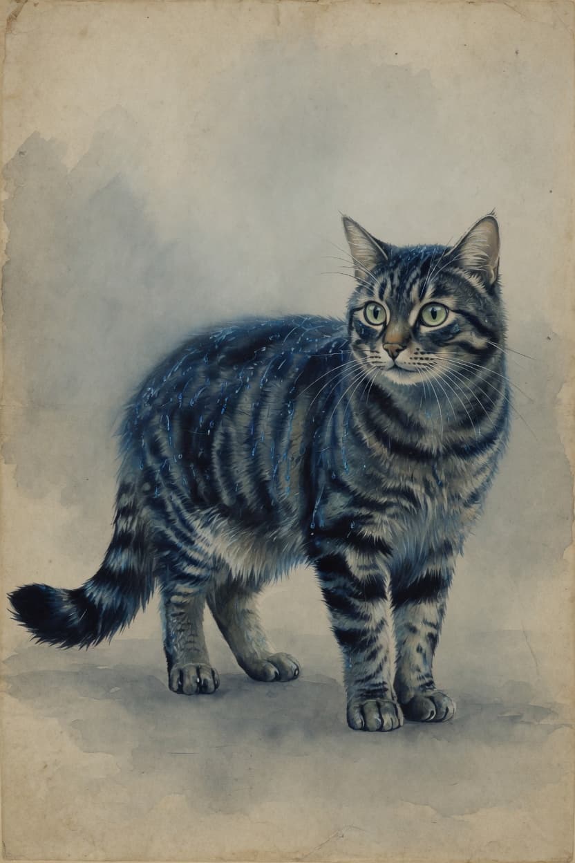 A cat on a specimen plate, rain still on its coat