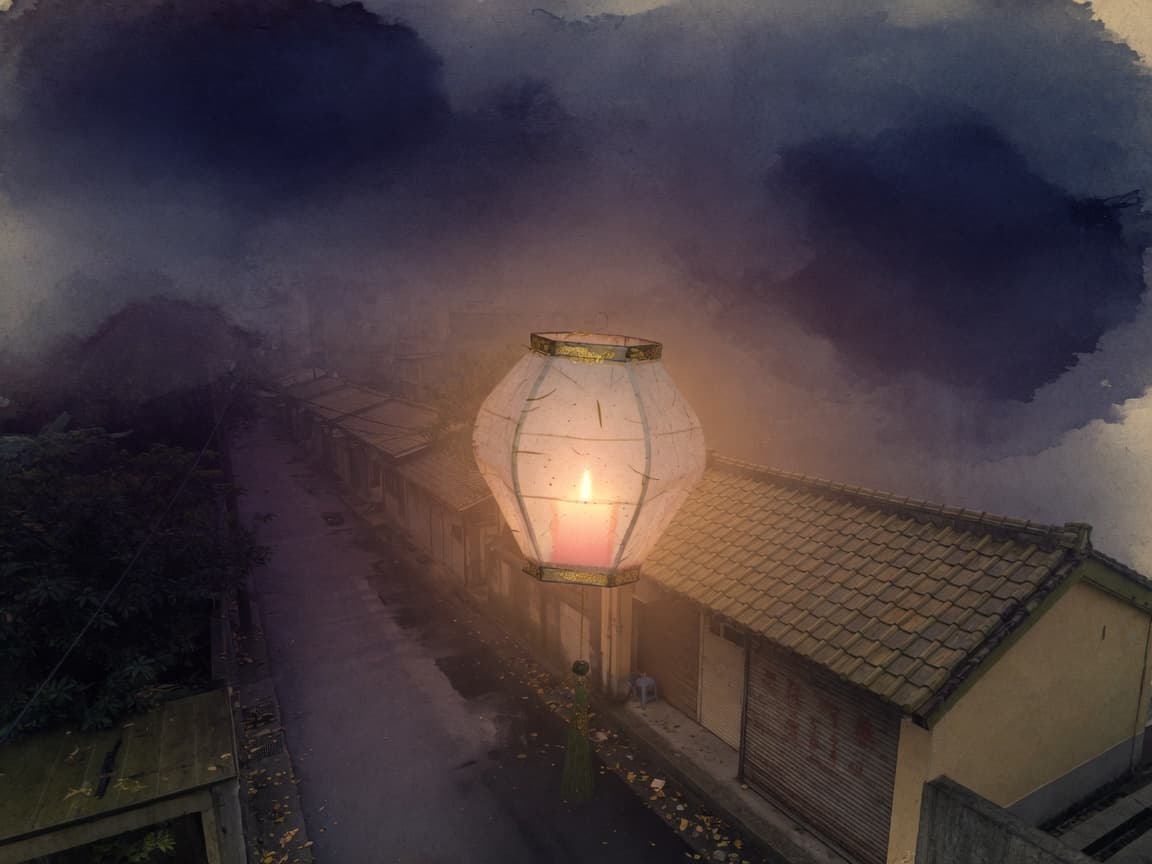 A paper lantern over an alley, opening a circle in the fog