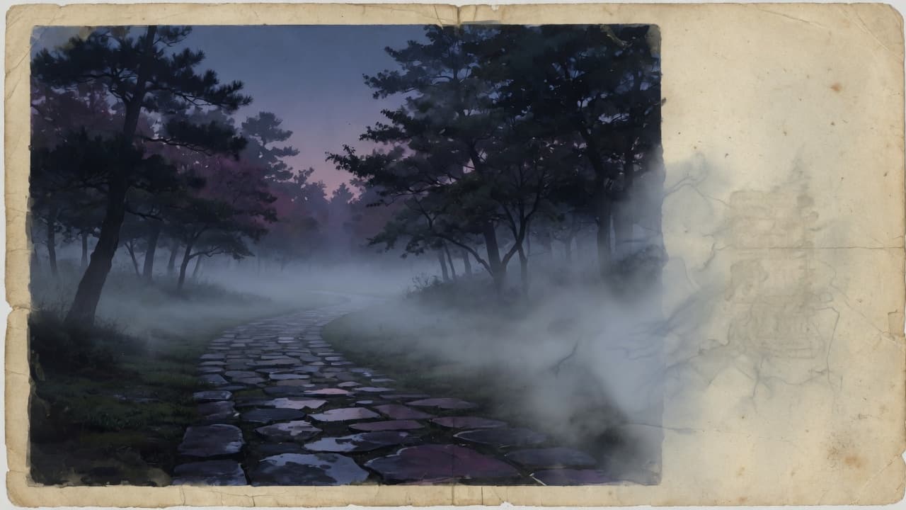 A stone path half covered by paper fog, trees still hidden behind it